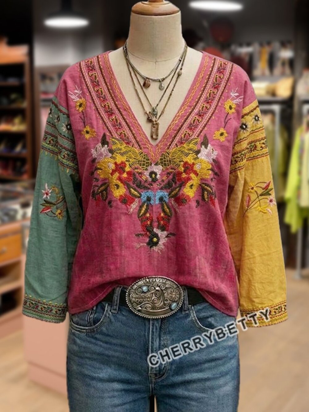 Boho Flowered Embroidered V-Neck Top. Size Large. Mulit-color NWOT